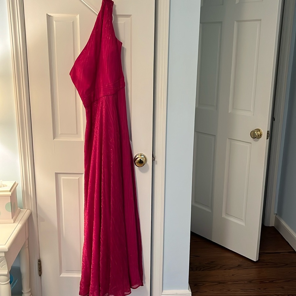 PROM /WEDDING Aqua Formal Magenta shimmer one shoulder Gown.